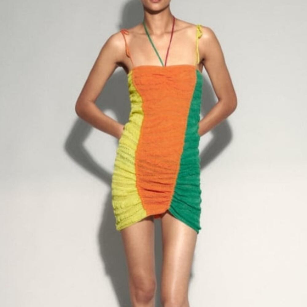 ZARA Linen Blend Knit Mini Dress Bright Colorblock Size Small